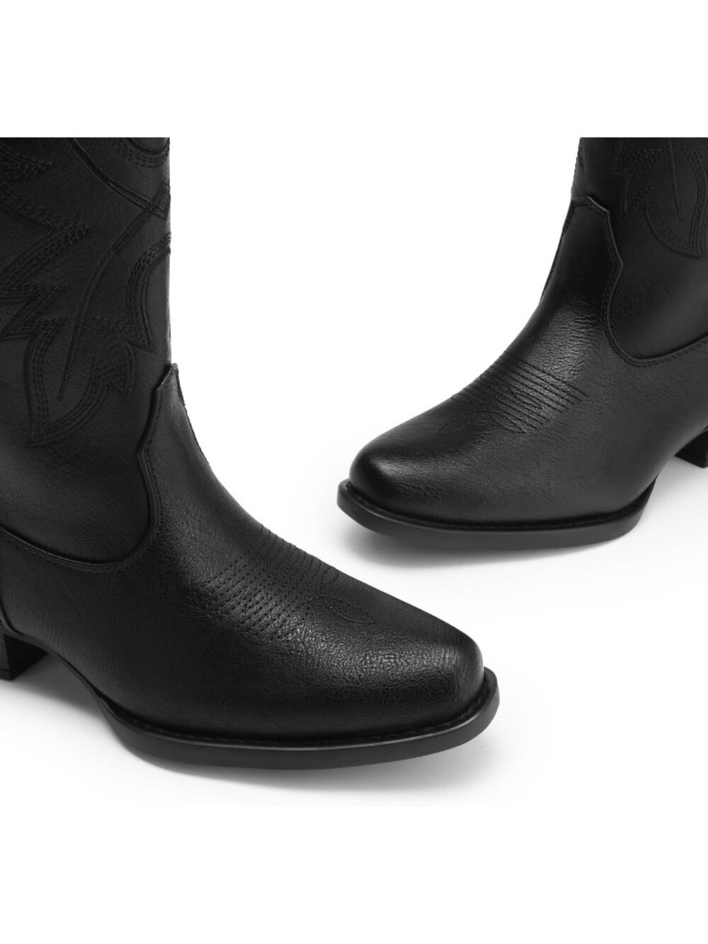 Women Cowgirl Western Mid Calf Black Snip Toe Embroidered Low Chunky Heel Boots - Picture 5 of 7